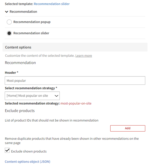 Selecting a template and defining the content options for the template
